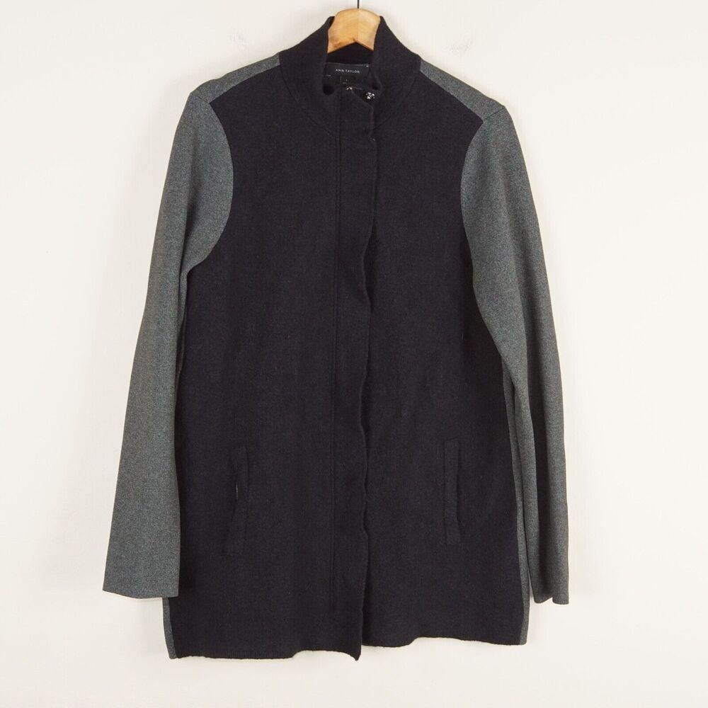 Ann Taylor Gray Black Wool Front Full Zip Sweater Coat Womens Sz L